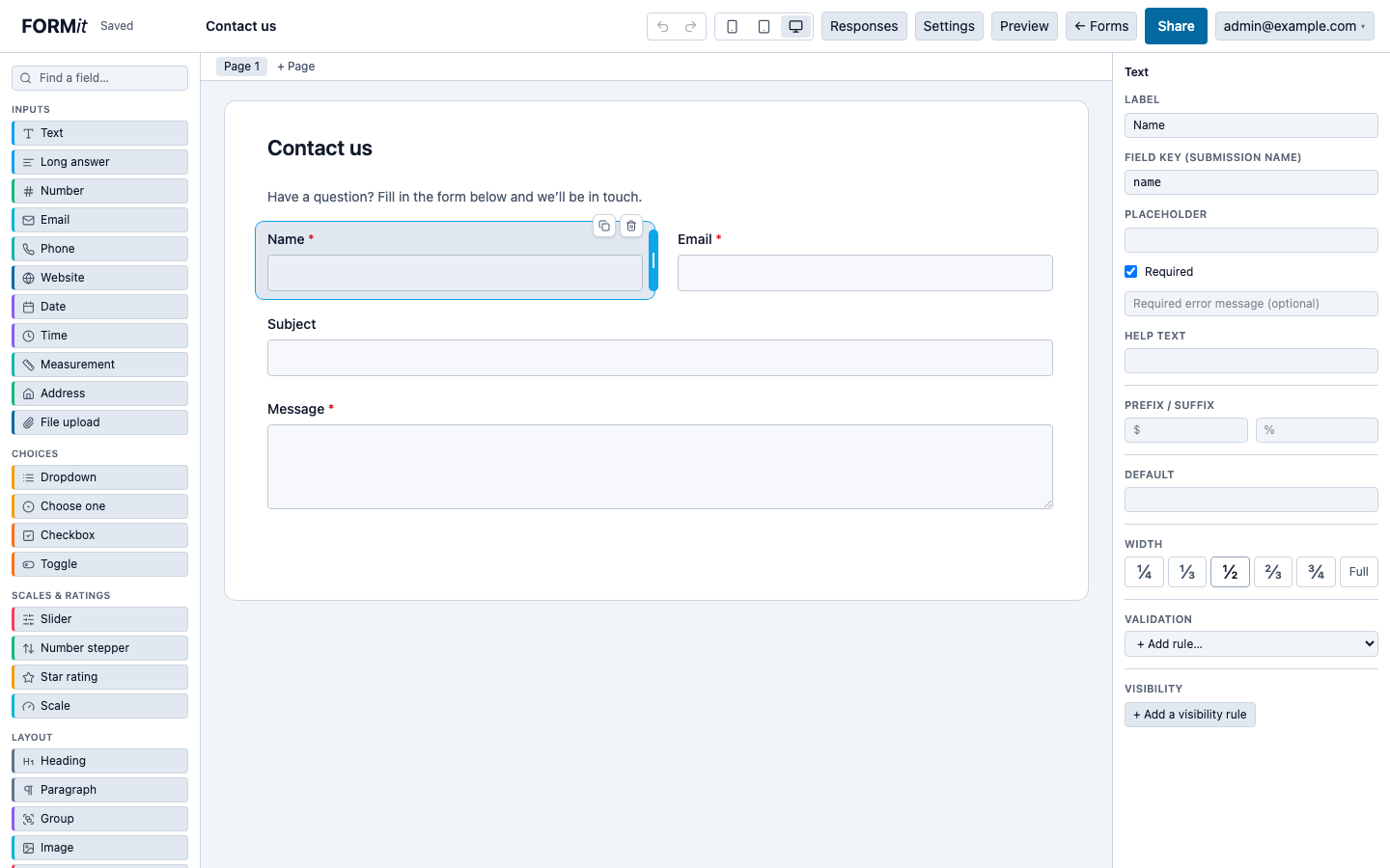 The FORMit builder: field palette, drag-and-drop canvas and settings panel editing a contact form